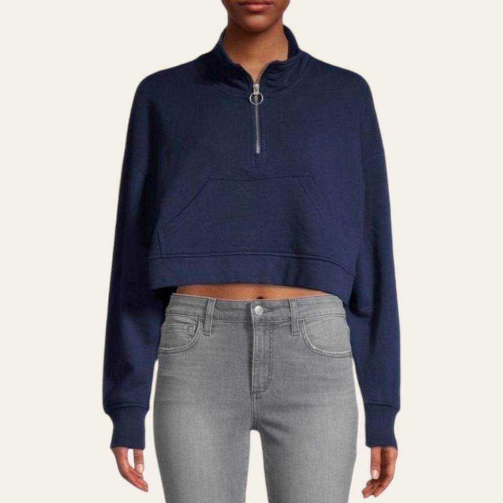 WeWoreWhat 90's Slouchy Terry Cropped Navy Blue Quarter Zip Pullover Sz S NWT